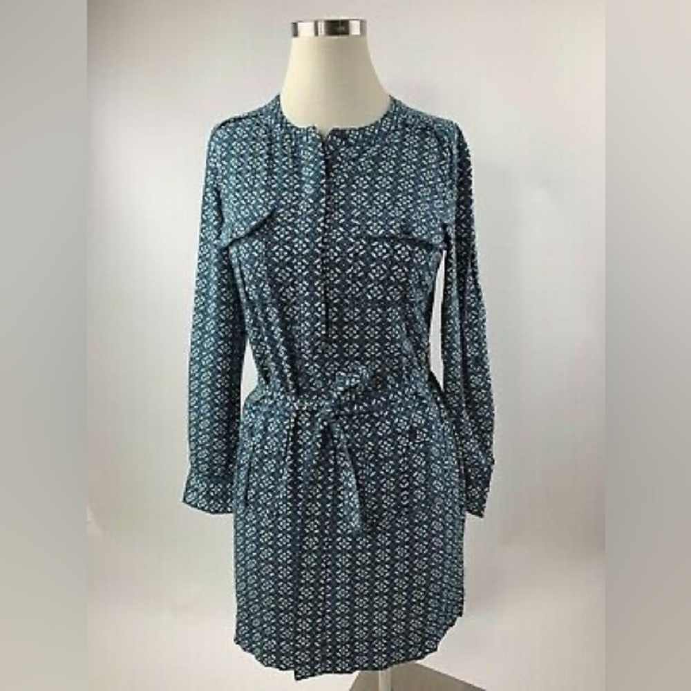 NWT- Banana Republic Blue Teal Geo-Medallion Floral Tie Waist Dress Sz- 8
